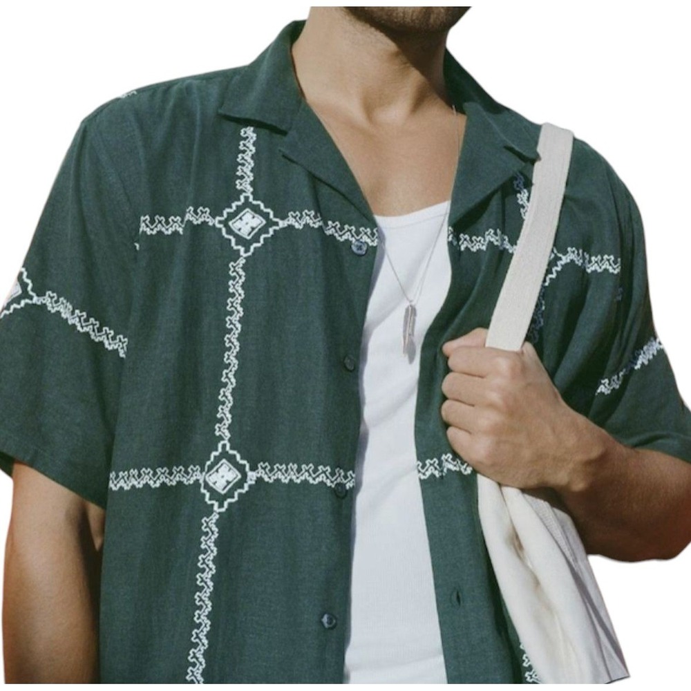 Abercrombie & Fitch Shirt Mens Large Teal Linen Blend Embroidered Camp Boho